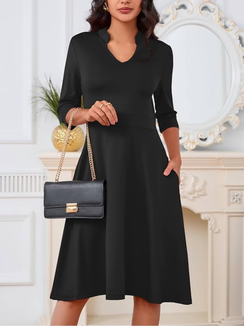 Classic Black A-Line Dress with V-Notch Neck